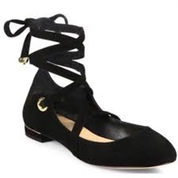 DVF Diane von Furstenberg Dakar Lace Up Ballet Style Flats Suede US 6.5 BLACK - Picture 1 of 11